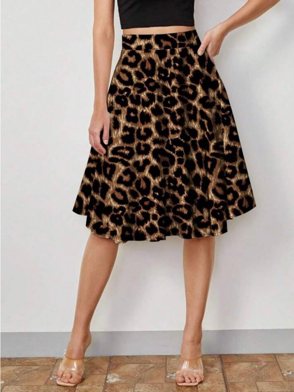 SHEIN Leopard Print A-Line Midi Skirt - Brown & Black